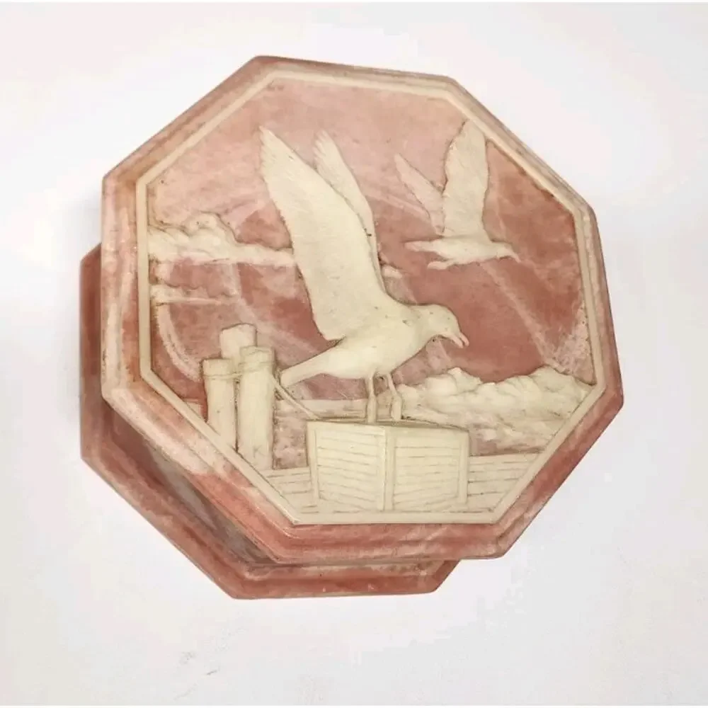 Vnt Incolay Trinket Box Jewlery Stone Pink & White Seagull On The Pier Large